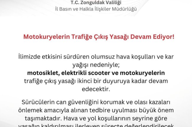 ZONGULDAK VALİLİĞİNDEN DUYURULUR...