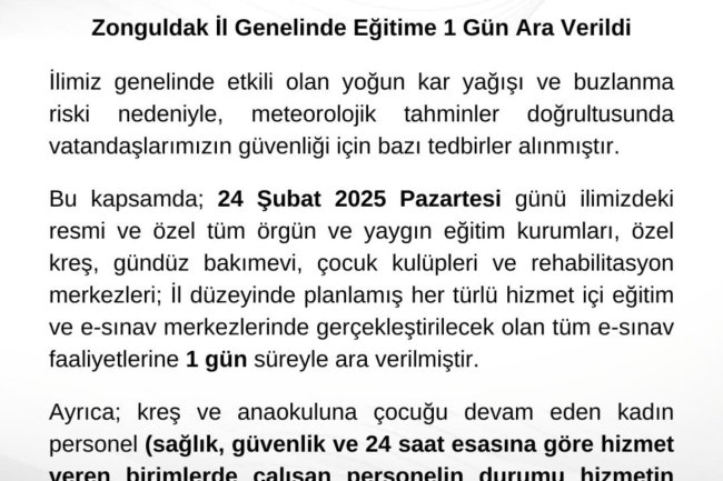 ZONGULDAK VALİLİĞİNDEN DUYURULUR !