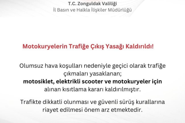 ZONGULDAK VALİLİĞİNDEN DUYURULUR !