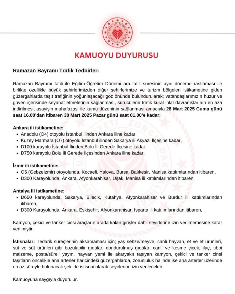 ZONGULDAK VALİLİĞİNDEN DUYURULUR