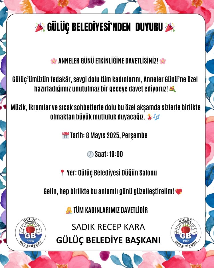 ANNELER GÜNÜ ETKİNLİĞİNE TÜM KADINLARIMIZ DAVETLİDİR