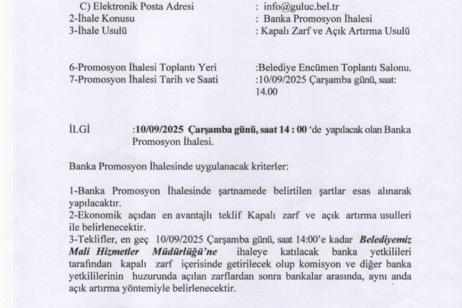 GÜLÜÇ BELEDİYE BAŞKANLIĞINDAN DUYURULUR