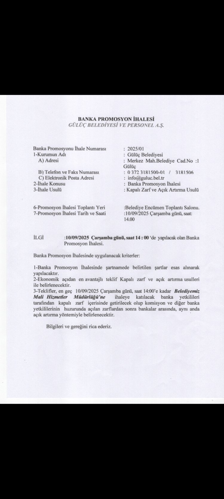 GÜLÜÇ BELEDİYE BAŞKANLIĞINDAN DUYURULUR