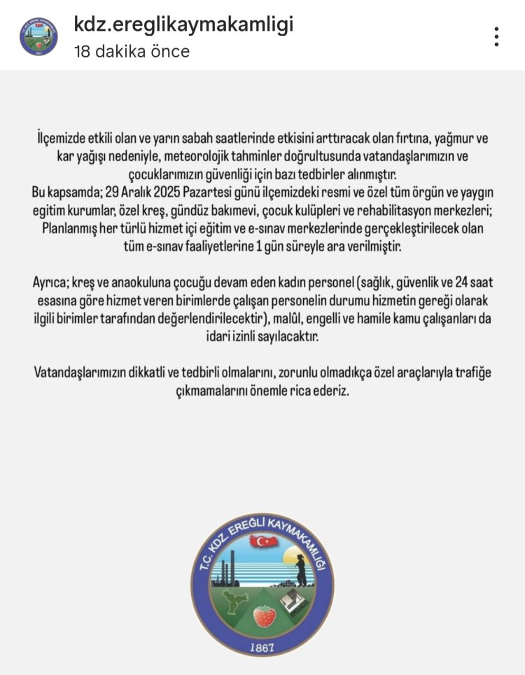 KDZ EREĞLİ KAYMAKAMLIĞINDAN DUYURULUR...