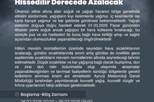 Meteorolojik Uyarı   İlimizde Hava Sıcaklığı Hissedilir Derecede Azalacak