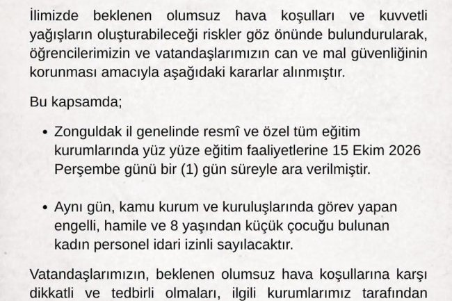 ZONGULDAK VALİLİĞİNDEN DUYURULUR...
