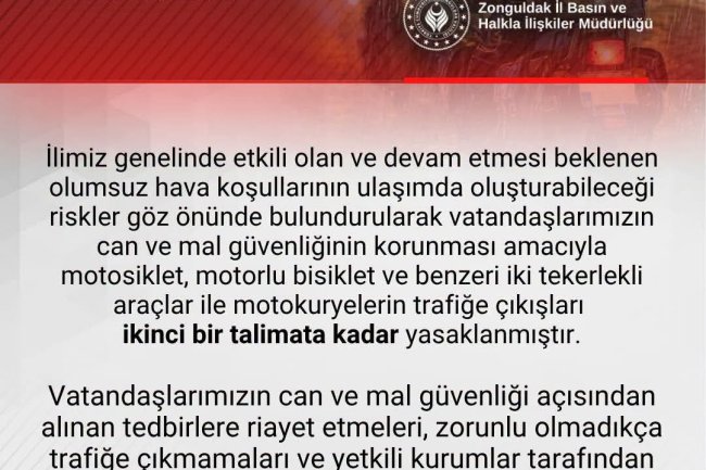ZONGULDAK VALİLİĞİNDEN DUYURULUR...