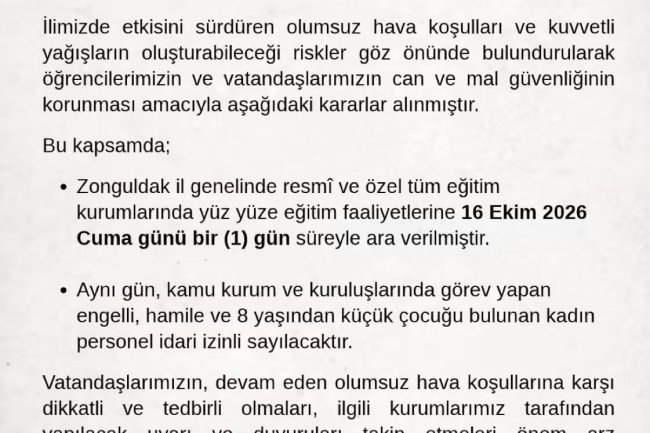 ZONGULDAK VALİLİĞİNDEN DUYURULUR...