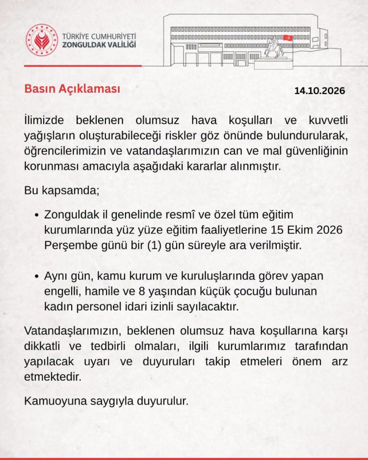 ZONGULDAK VALİLİĞİNDEN DUYURULUR...