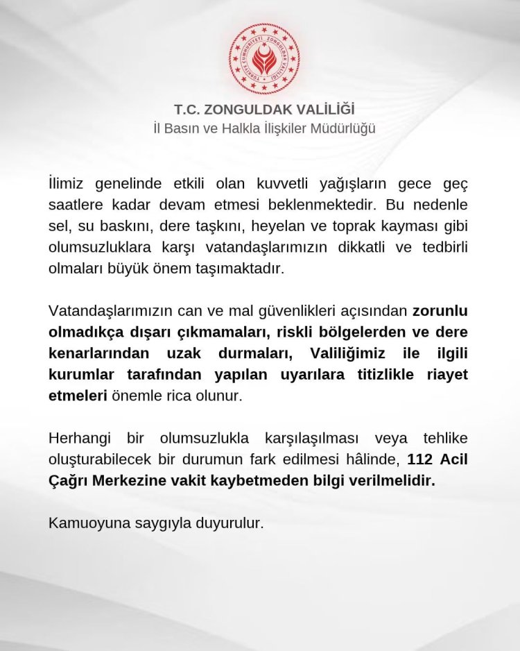 ZONGULDAK VALİLİĞİNDEN DUYURULUR...