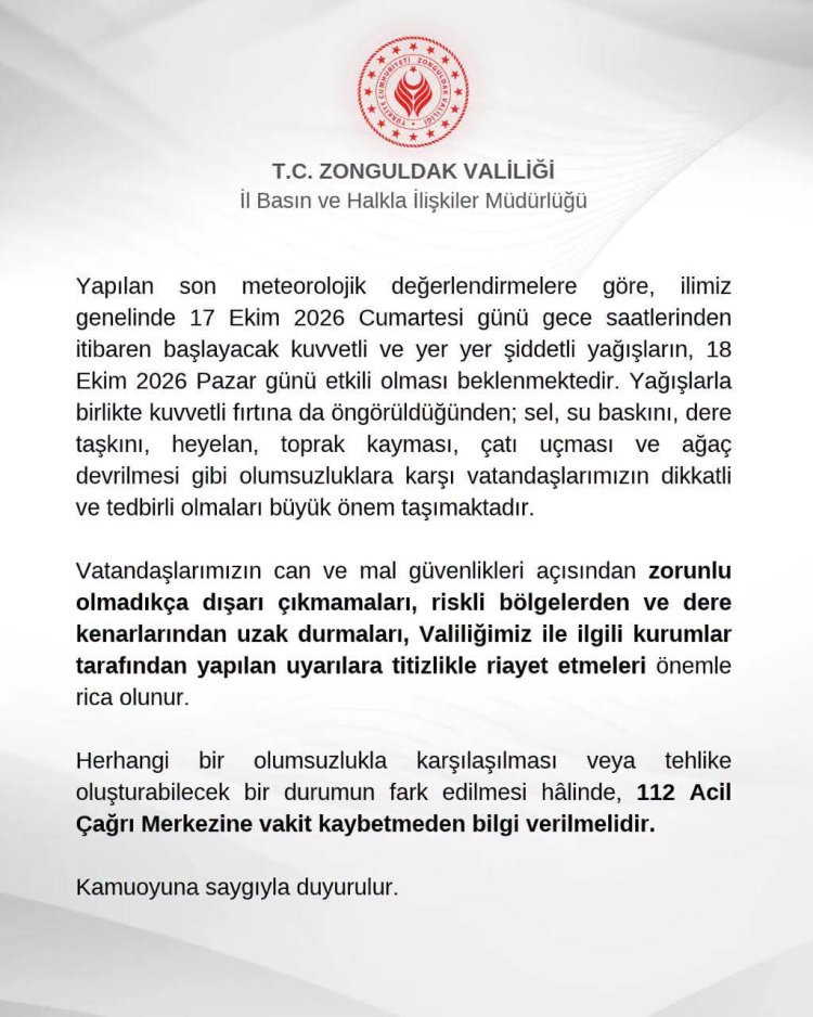 ZONGULDAK VALİLİĞİNDEN DUYURULUR...